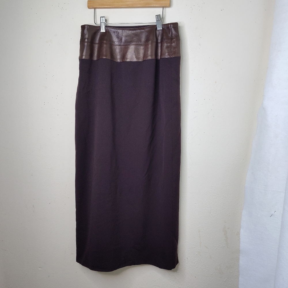 Vintage Electre Women Leather Wool Maxi Brown Skirt size 38 /7 w splFrance